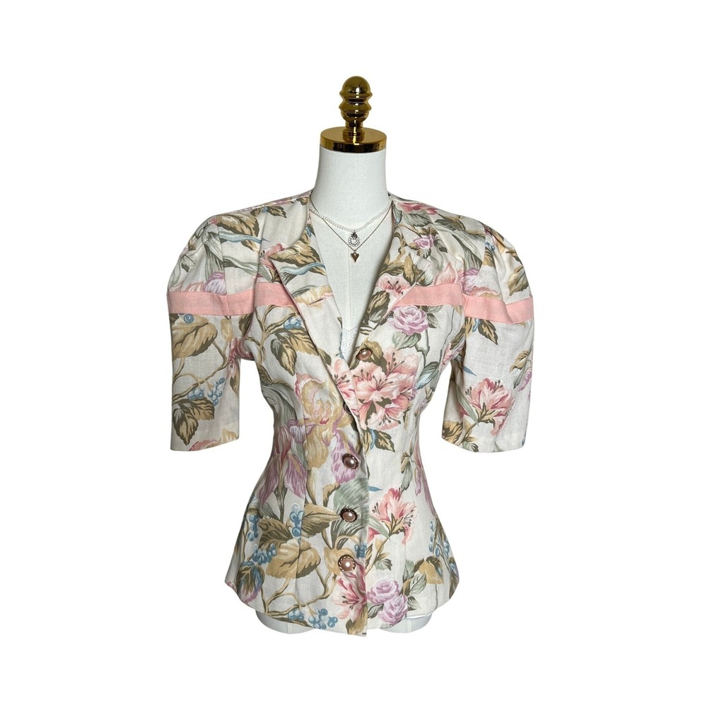 VTG Perceptions Floral Blazer Jacket Puffed Sleeve Pearl Button Pink Green 5/6